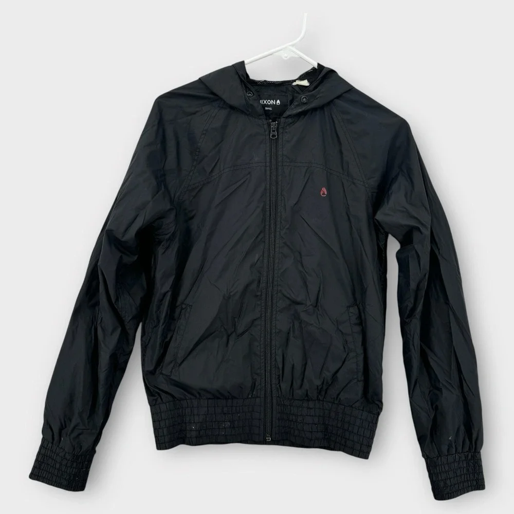 Nixon Windbreaker Jacket Womens Small Watch Black Hoodie Logo Zip‎ Up Packable